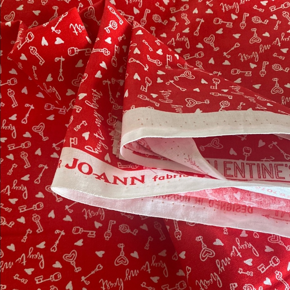 Joann Red Fabric with White Heart and Key Print